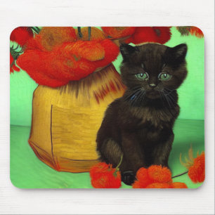 Tapis De Souris Van Gogh Black Kitten Fleurs rouges