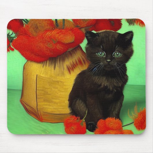 Tapis De Souris Van Gogh Black Kitten Fleurs rouges (Devant)