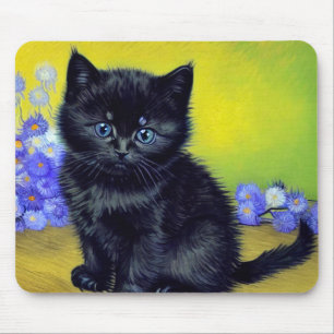 Tapis De Souris Van Gogh Chat noir Fleurs violettes