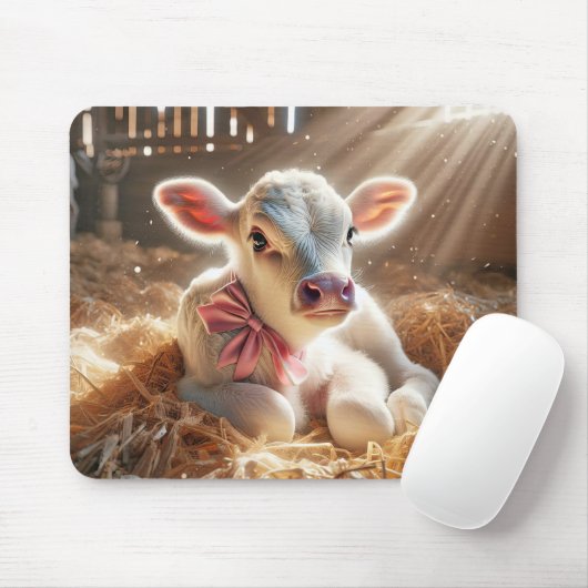Tapis De Souris Veau Bébé Blanc Dans Le Stall De Grange (Avec souris)