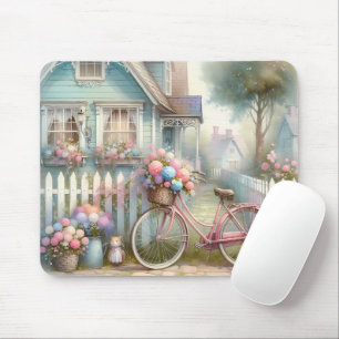 Tapis De Souris Vélo à fleurs roses à la porte du cottage bleu