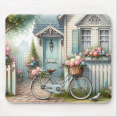 Tapis De Souris Vélo de chalet bleu avec panier à fleurs de printe (Devant)