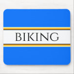 Tapis De Souris VÉLO Fun Bleu Bleu Jaune Blanc Rayures de course<br><div class="desc">Ce design amusant extérieur présente une police noire moderne et élégante à l'intérieur d'une large bande blanche centrale surlignée de rayures noires, jaunes et orange sur un arrière - plan bleu vif avec du VTT écrit à travers le design. Faites-le vous-même : la couleur de bande centrale et la couleur...</div>