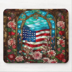 TAPIS DE SOURIS VERRE STAINÉ REGARDE LE DRAPEAU ET LES FLEURS AMÉR