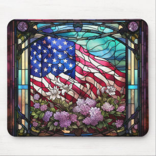 TAPIS DE SOURIS VERRE STAINÉ REGARDE LE DRAPEAU ET LES FLEURS AMÉR