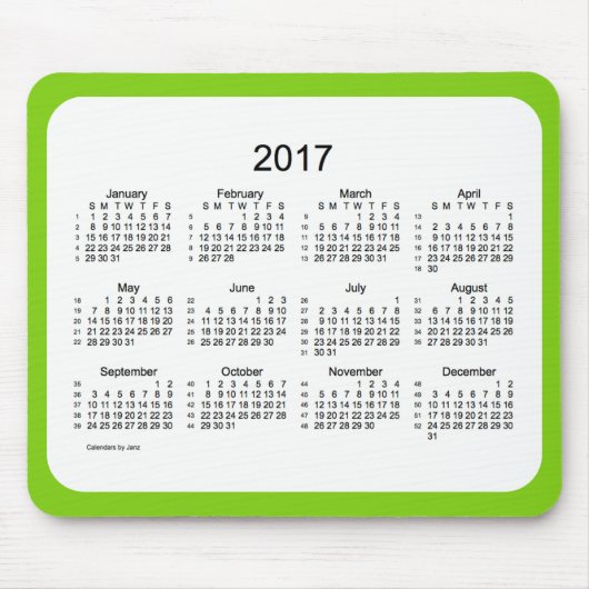 Tapis De Souris Vert 2017 jaune calendrier de 52 semaines par Janz (Devant)