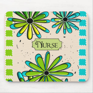 Tapis De Souris Vert floral Artsy et bleu d'infirmière