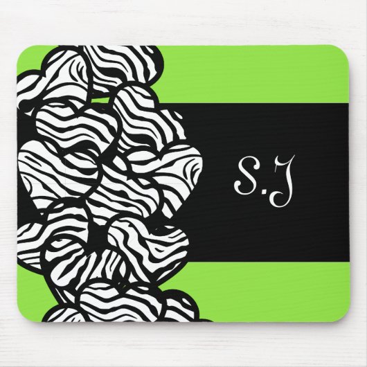 Tapis De Souris Vert noir blanc zèbre motif coeur monogramme (Devant)