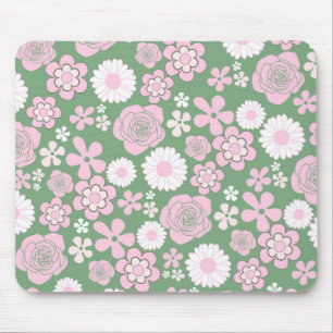 Tapis De Souris Vert rose blanc rétro Y2K les années 70 Fleur Moti