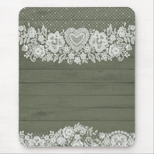 Tapis De Souris Vert Sauge Bois Rustique et Dentelle Blanche Fermi