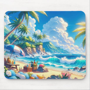 Tapis De Souris Vibrant Tropical Island Beach Aquarelle