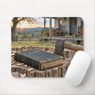 Tapis De Souris Vieille Bible et hache sur une souche d'arbre