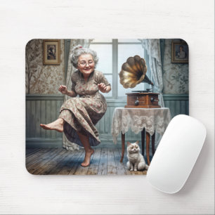 Tapis De Souris Vieille Dame Dansant au Son d'un Gramophone