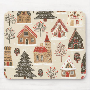 Tapis De Souris Village de Noël en pain d'épices Crème Marron Roug