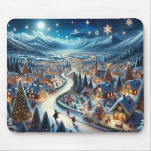 Tapis De Souris Village de Noël Peinture sur scène neigeuse