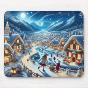Tapis De Souris Village de Noël Peinture sur scène neigeuse