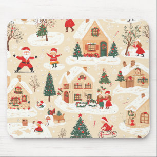 Tapis De Souris Village de Noël rouge vert motif neigeux beige
