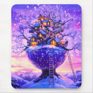 Tapis De Souris Village de rêve enneigé sous la neige en paysage d