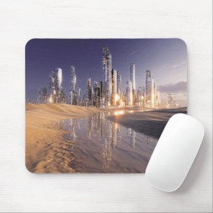 Tapis De Souris Ville de science-fiction futuriste reflétée dans l