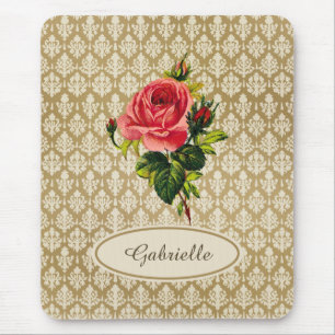 Tapis De Souris Vintage Gold Damask Pattern Pink Rose and Name