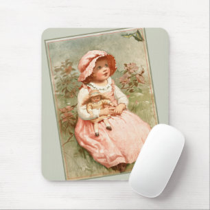 Tapis De Souris Vintage Victorian Girl with Doll Butterflies Sage