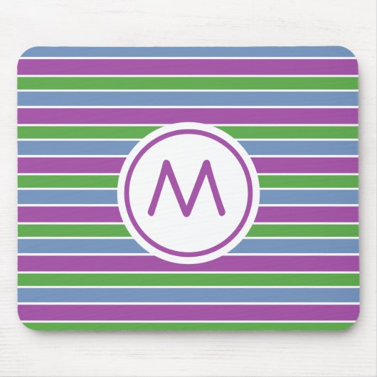 Tapis De Souris Violet Vert Bleu Rayé Monogramme (Devant)