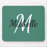 Tapis De Souris Viridian Green & White Monogram Add Your Name<br><div class="desc">Mouse pad with a green background and white custom monogram first initial and first name</div>