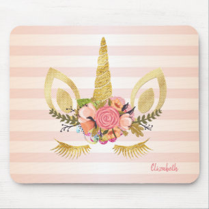 Tapis De Souris Visage de licorne adorable, rayures - Personnalisé