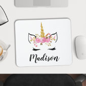 Tapis De Souris Visage Unicorne avec cils Nom personnalisé