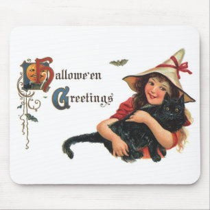 Tapis De Souris Vœux d'Halloween vintage, petite sorcière avec cha