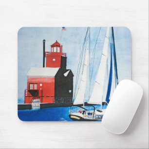 Tapis De Souris Voilier et phare rouge Aquarelle