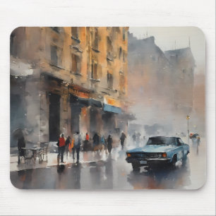 Tapis De Souris Voiture bleue vintage à Foggy Cityscape