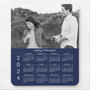 Tapis De Souris Votre photo Noms Navy Blue 2024 Calendrier
