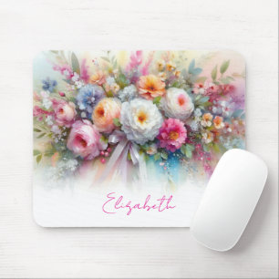 Tapis De Souris Votre texte personnalisé Nom Élégant Fleurs Aquare