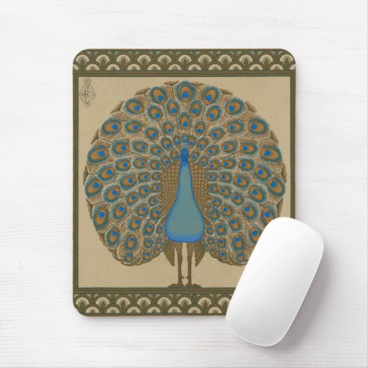 Tapis De Souris Walter Crane Blue Peacock avec sa queue écartée (Avec souris)