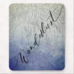 Tapis De Souris Wanderlust Blue Ombre Aquarelle Vintage<br><div class="desc">Wanderlust Blue Ombre Aquarelle Vintage Monde Carte Design. Avec Pretty Fading Sepia to sky blue Arrière - plan, Vintage Antique Travel Map Overlay, et tendance Chic Brush Typographie de script. Fait un grand cadeau d'aventure pour les membres de la famille, pour elle, Ados, Femme, Amis, et plus encore. Pavé de...</div>
