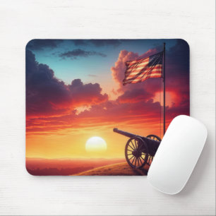 Tapis De Souris War Cannon Avec Drapeau Américain Au Coucher Du So