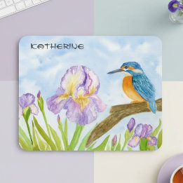 Tapis De Souris Watercolor Kingfisher with Purple Irises 