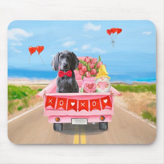 Tapis De Souris Weimaraner Chien Valentine's Day Coeurs de camion (Devant)