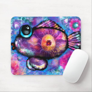 Tapis De Souris Whimsical Abstrait Big Eyed Poisson Turquoise rose