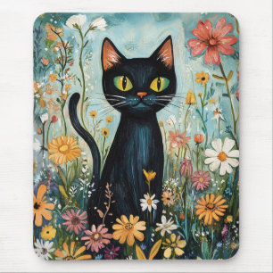 Tapis De Souris Whimsical Black Cat avec illustration Fleur sauvag