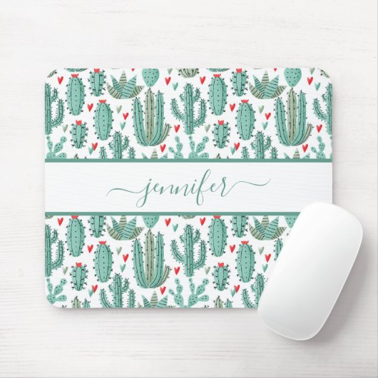 Tapis De Souris Whimsical vert blanc cactus motif monogrammed (Avec souris)