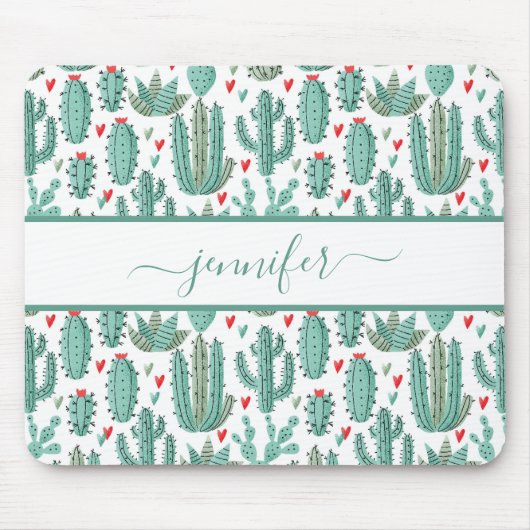 Tapis De Souris Whimsical vert blanc cactus motif monogrammed (Devant)