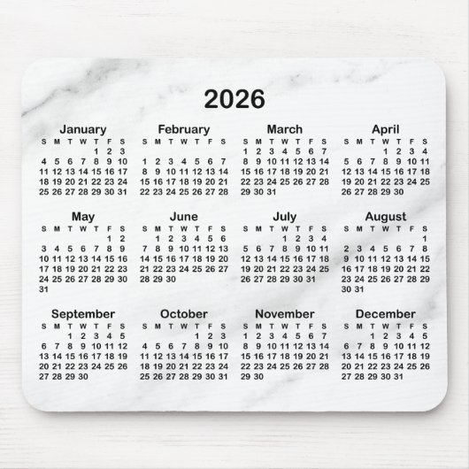 Tapis De Souris White Marble Black 2026 Calendar (Devant)