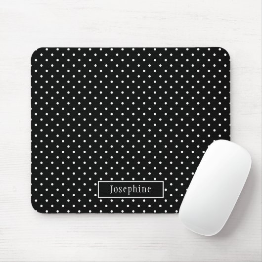 Tapis De Souris White On Black Polka Dots Pattern With Custom Name (Avec souris)