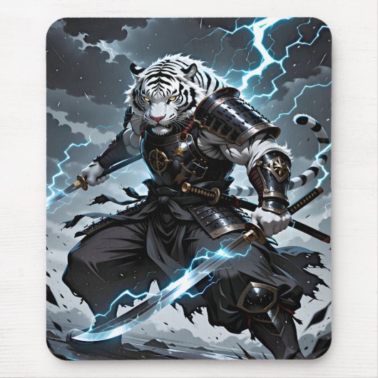 Tapis De Souris White Tiger Samurai Warrior Blue Lightning Gaming (Devant)