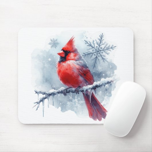 Tapis De Souris Winter Cardinal with Snowflakes on Icy Branch (Avec souris)
