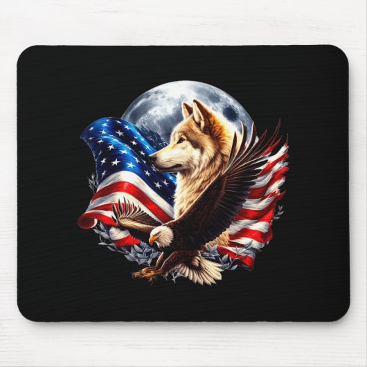 Tapis De Souris Wolf Bald Eagle American Flag Full Moon New Years (Devant)