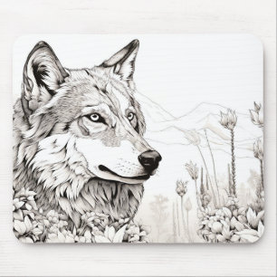 Tapis De Souris Wolf Nature paisible Prairie Sketch Style de dessi