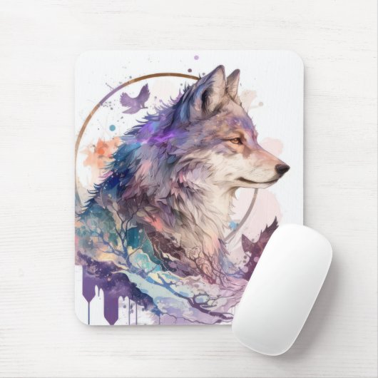 Tapis De Souris Wolf Portrait Animal Peinture Faune En Plein Air (Avec souris)